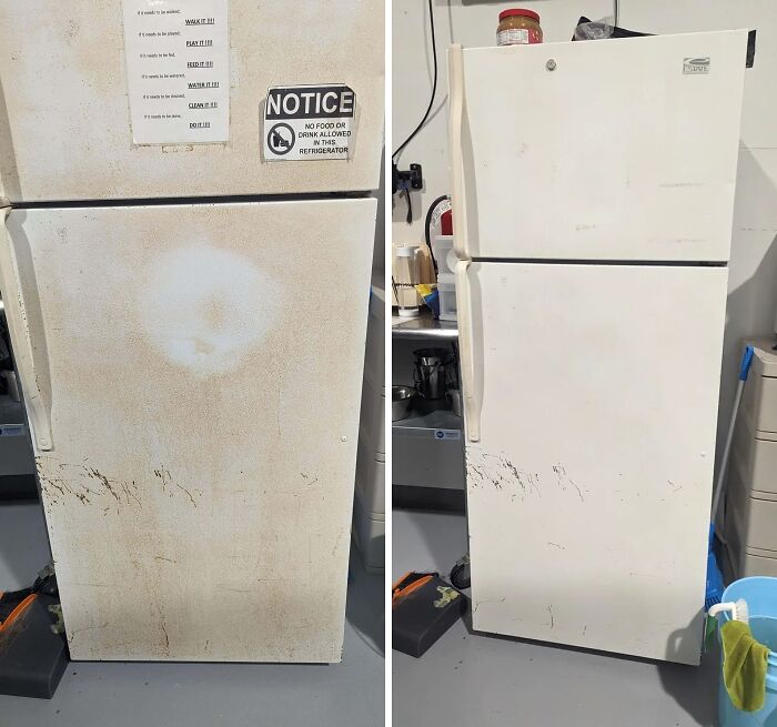 A Before And After Of A Fridge At My Work