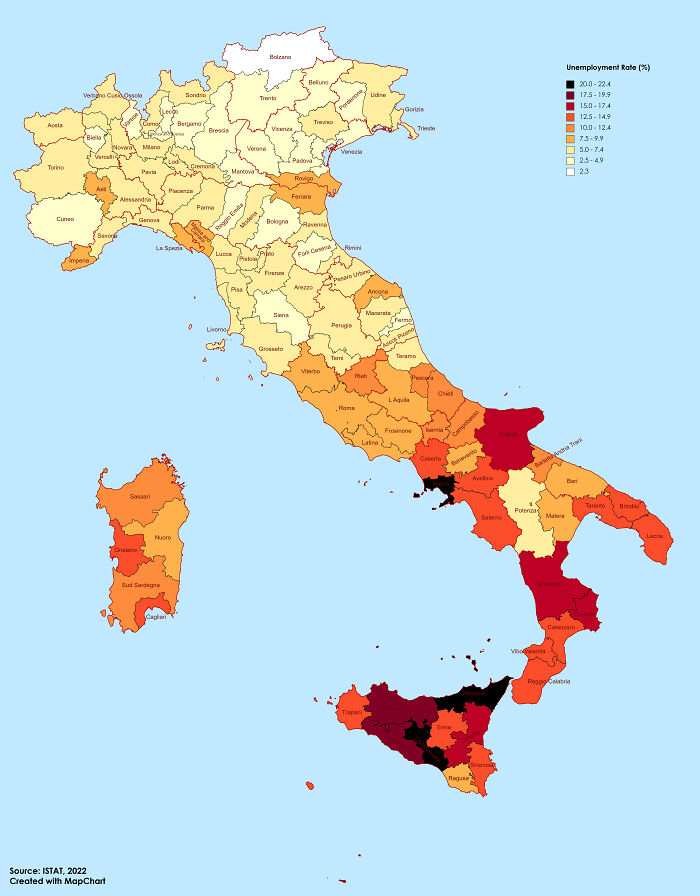 Tasa de desempleo en las provincias italianas