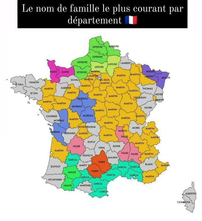 The Most Common Surname In Each Department Of Mainland France