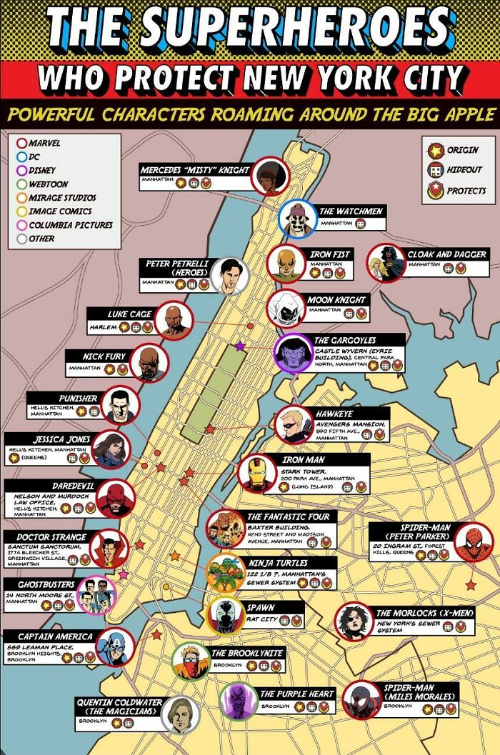 A Map Of Superheroes In NYC & The Areas They Protect