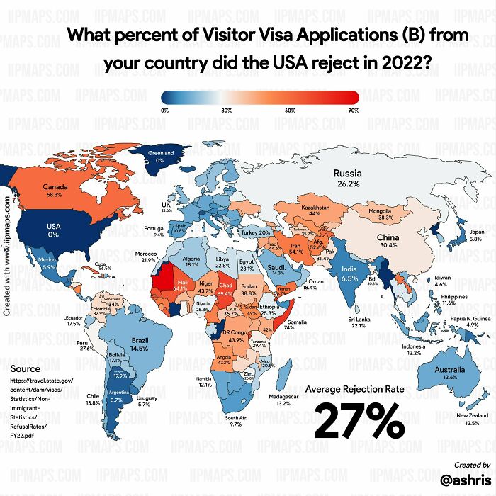 What Percent Of Visitor Visa Applications Per Country Did The USA Reject In 2022