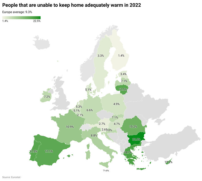 Percentage Of People That Were Unable To Keep Home Adequately Warm In Europe In 2022