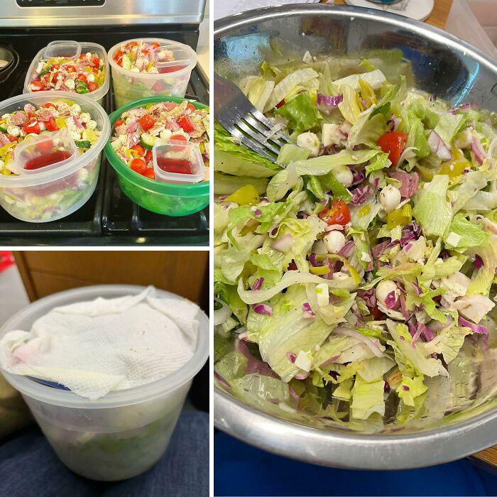 If You Want To Keep A Salad Fresh, Put A Paper Towel On Top Under The Lid To Absorb Moisture. Pic On The Right Is Day 4