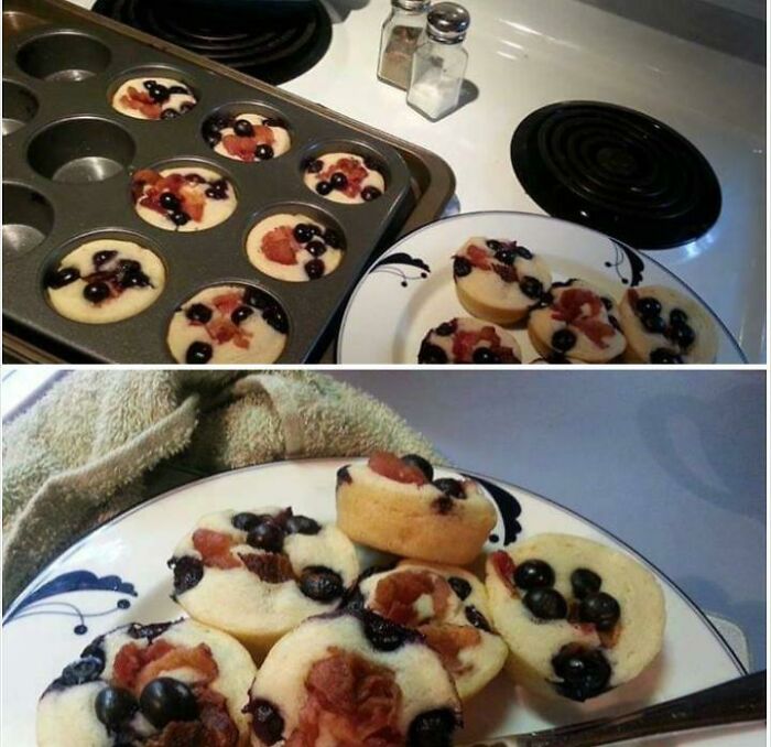 My Pancake Hack. Spoonful Of Bacon Fat In Each Cup, Heat In The Oven For A Few Minutes Then Fill Halfway With Batter And Bake Until Set. Top With Blueberries And Crumbled Bacon