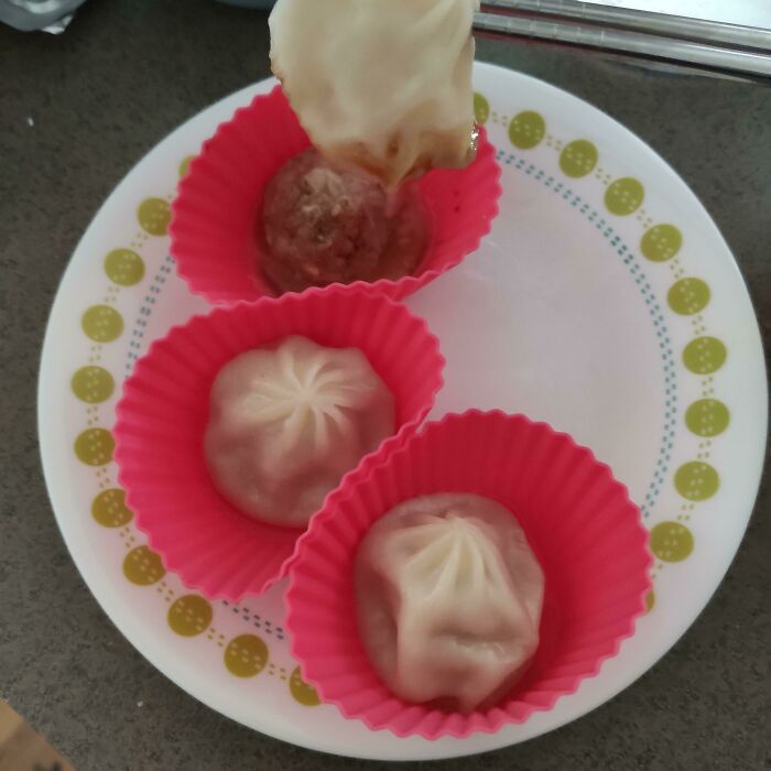 Not The Best Quality Image, But I Put My Soup Dumplings In Silicone Cupcake Cups Before Putting Them In The Steamer Because I'm Tired Of My Dumplings Sticking To My Steamer And Then Ripping Open Thus Leaving Me With A Soup-Less Soup Dumpling