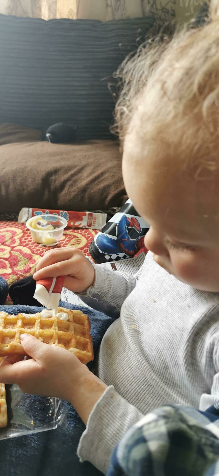My Two Year Old Puts Yogurt On Waffles. It Actually Tastes Really Good