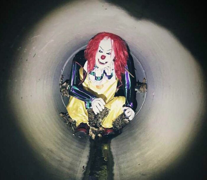 Found This Clown Mannequin Half A Mile Deep Into A Drainage Pipe Tied Like This To A Grate