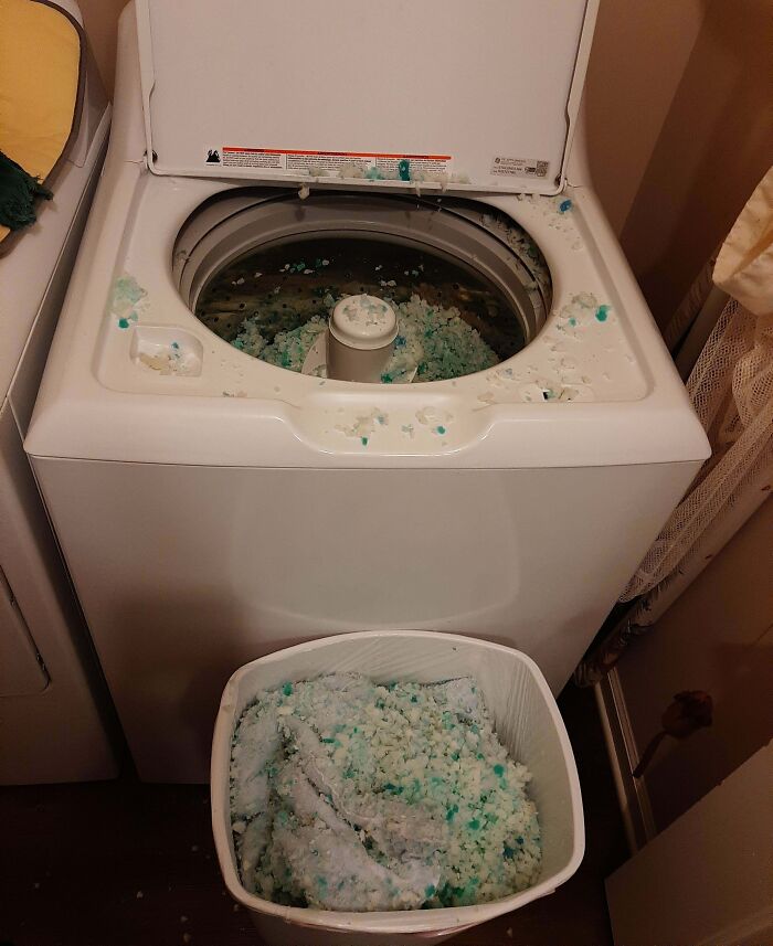 Tried To Wash My Pillows. They Exploded And Filled My Washing Machine With Sticky Blue And Green Pillow Fluff