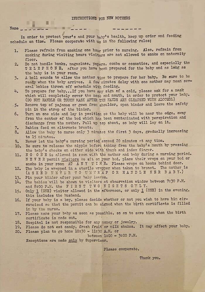This List Of Rules For New Moms (Hospital Maternity Ward) From The 1940s