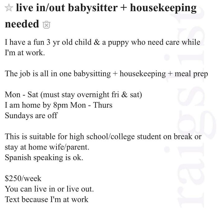Full-Time Overnight Babysitter, Pet Sitter, And Housekeeper For $250 A Week
