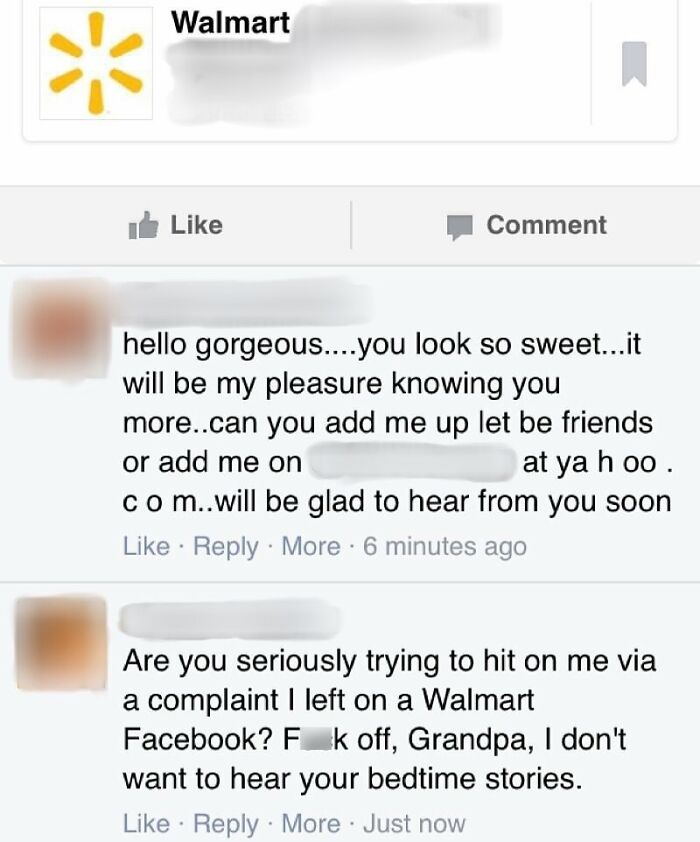 An Old Man Hit On One Of My Friends While She Was Posting A Complaint To A Walmart Facebook Page