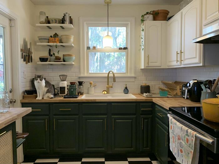 Kitchen with dark green cabinets and open wooden shelves