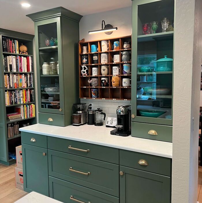 Green cabinets with glass doors