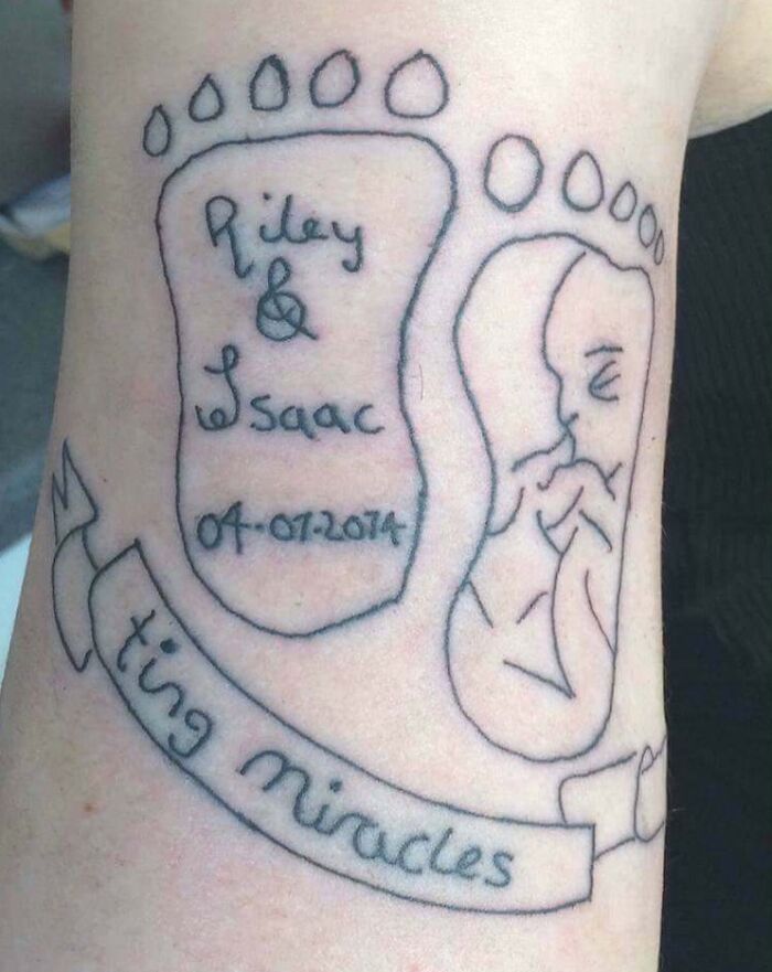 Funny tattoo of baby footprints with names "Riley & Isaac" and text "ting miracles" on a person's arm.