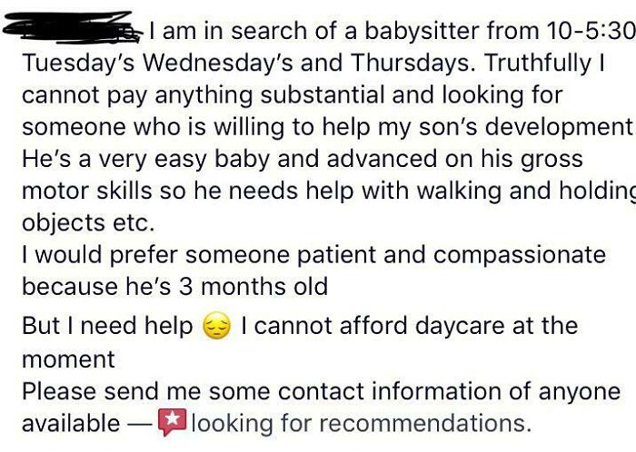 Prefer Patient Babysitter, Unable To Pay Anything