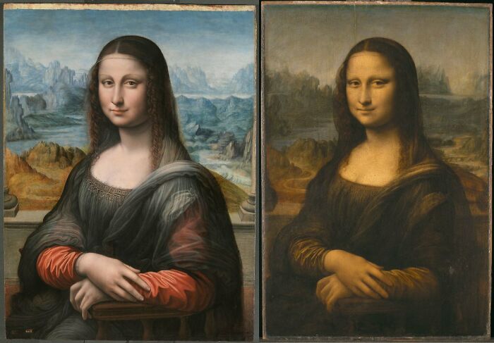 Una copia de la Gioconda pintada junto a Da Vinci por su aprendiz. A diferencia del original, la pintura se ha conservado y muestra el aspecto que tendría el icónico cuadro en 1517