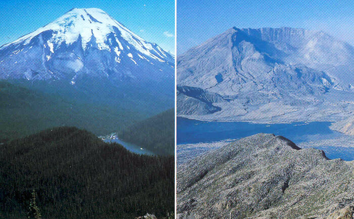 Monte Santa Helena antes y después de su erupción en 1980