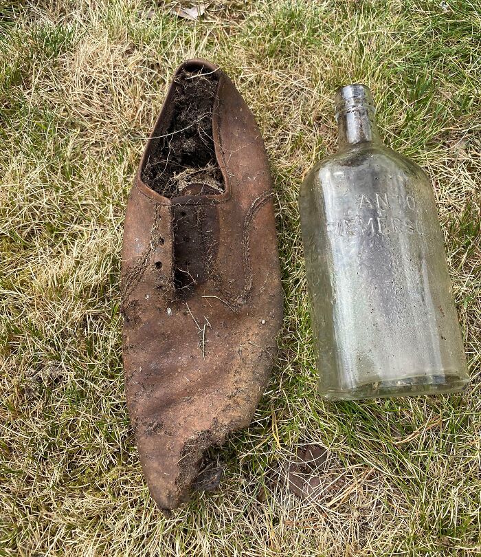 My Mom Just Found An Old Shoe And A Bottle While Digging In Our Yard