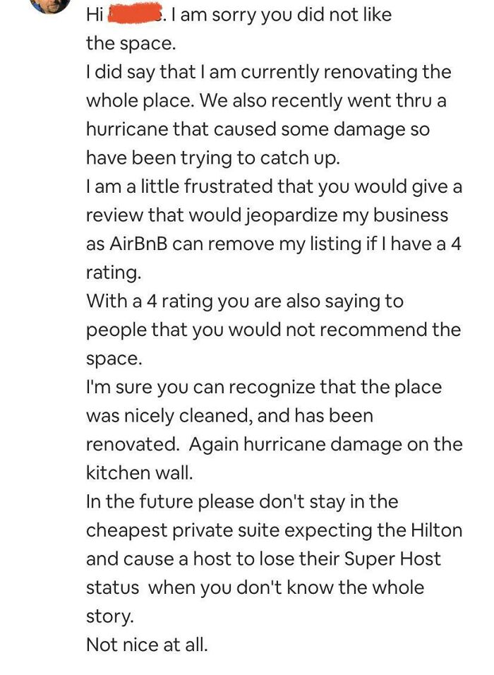 Left A 4 Star Review On An Airbnb. Host Messaged Me This Afterwards