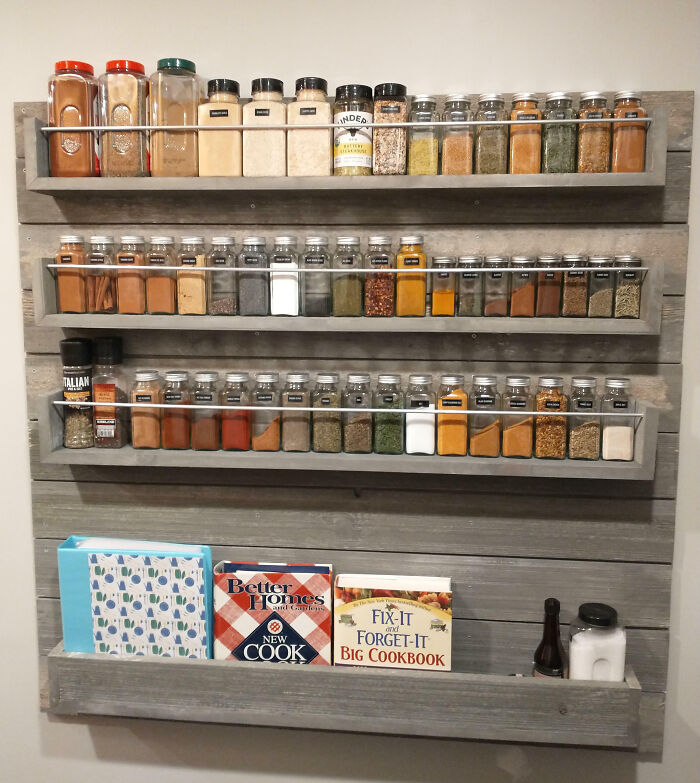 My Husband Built Me This Beautiful Wall To Hold All My Spices And Blends. Before, They Were In Various Containers In A Cupboard