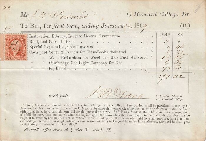 The Bill For A Semester At Harvard, 1869: $170.42