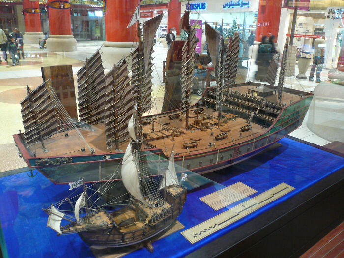 Chinese Explorer Zheng He's Ship Compared To Christopher Columbus's Santa Maria. Both Lived And Sailed At The Same Time (Repost /R/Pics)