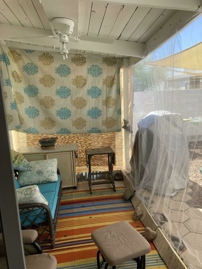 It’s Getting Hot In Phoenix, Az - $4 Length Of Cloth From Goodwill For A Sun Barrier On My Patio - It Keeps My House 10 Degrees Cooler