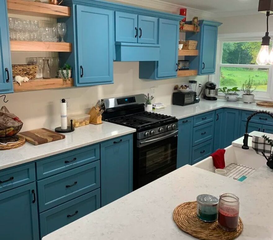 Blue cabinets in the kitchen
