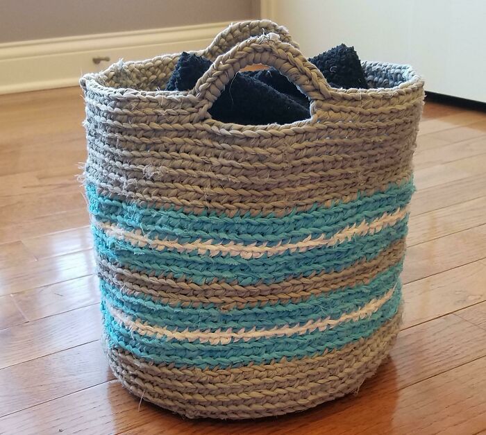 My Friend Was Going To Throw Away A Torn Sheet, So I Saved It, Made It Into "Yarn", And Crocheted Myself A Basket. I Added A Bit Of Color With Rags Pilfered From My Mom's Bin