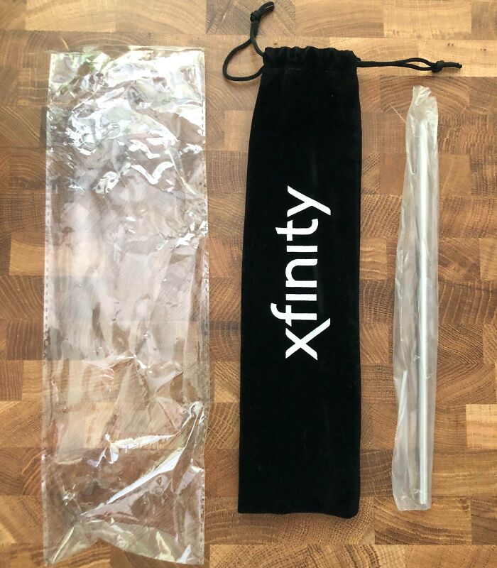 Xfinity Was Giving Away Reusable Straws At An Art Fest. The Straw Is Wrapped In Plastic, Then Put In A Cheap Velvet Pouch, Then Wrapped In Plastic Again. Way To Save The Environment Xfinity