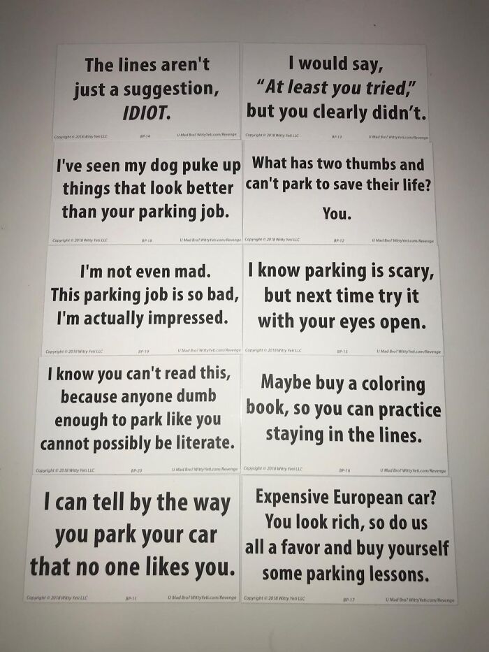 Park Your Sarcasm With Super Hilarious, Bad Parking Cards - Because Towing Is Expensive, But Criticism Is Free