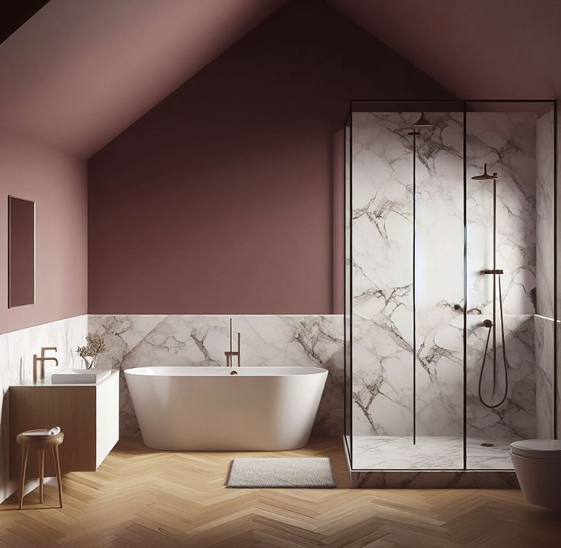 Rose bathroom with wooden floors, tub, and shower