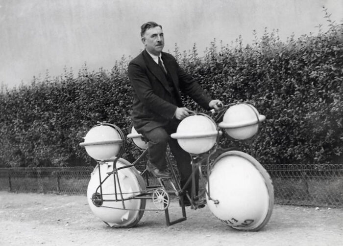 A Hybrid Among Vehicles, An Amphibian Bicycle That Could Travel On Land Or Water, Was Demonstrated By Its French Inventor At A Paris Exposition In 1932