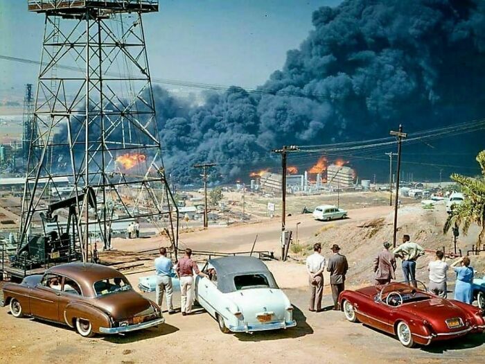 People Watching The Hancock Oil Refinery Fire At Signal Hill, California. May 22, 1958