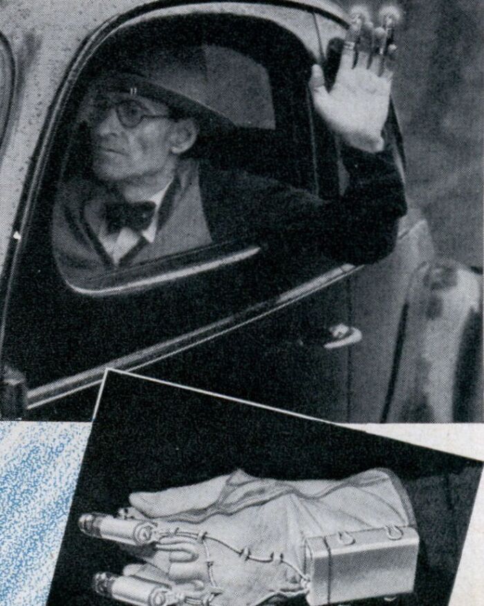 In 1939, Asked To Make A Speech On Motor Safety, Williams Invented This Signaling Device For Drivers Instead. A Dry Cell Supplies Current To Light Bulbs, One White And The Other Red, On The Fingers