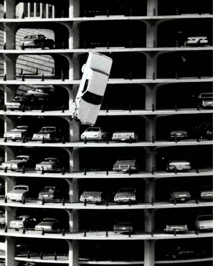 A Stunt Car Drives Off The Parking Garage At Marina City Towers During The Filming Of The Hunter, Starring Steve Mcqueen On Sept. 21, 1979, In Chicago