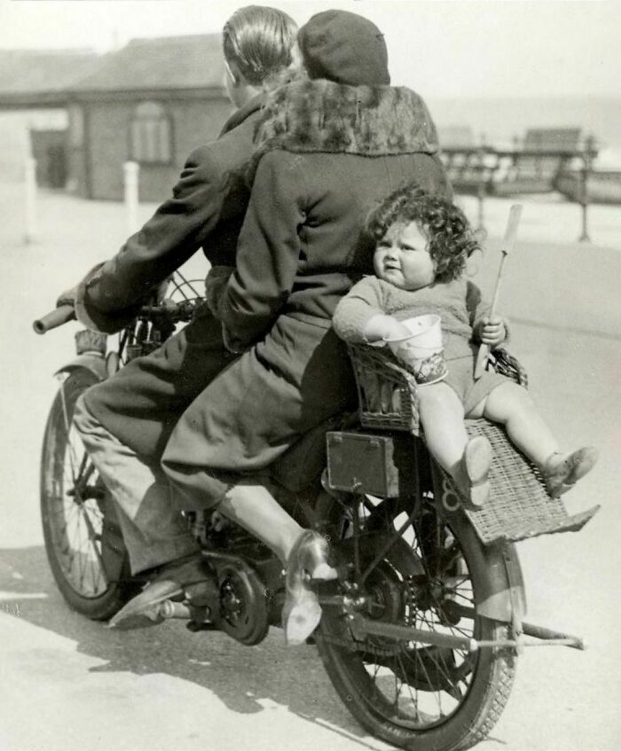A Family Out For A Ride In The UK, Ca. 1930s... And Clearly Safety Wasn't An Issue Back Then