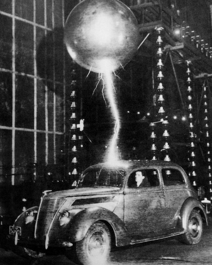 Three Million Volts Hit A Car In The Westinghouse Electric Corporation In Pittsburgh For A ‘Lightning Test,’ Ca. 1940s. The Passenger Remained Unharmed