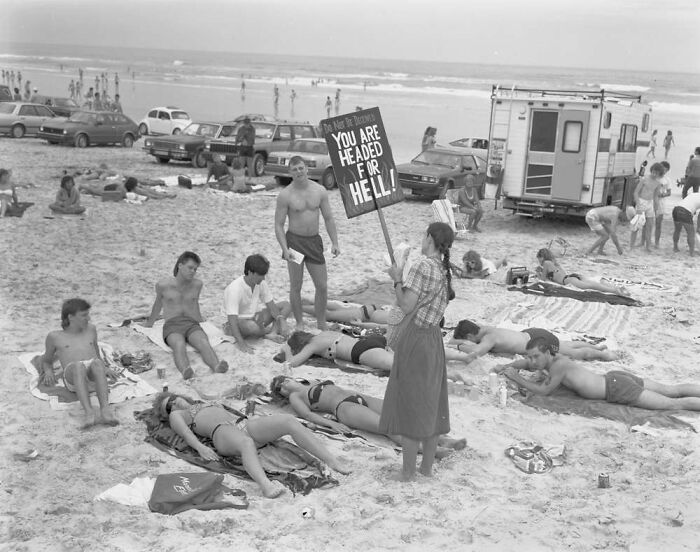 Puritan Against Too Revealing Swimwear On Daytona Beach, Ca. 1982-83. (Photo By Keith Mcmanus)