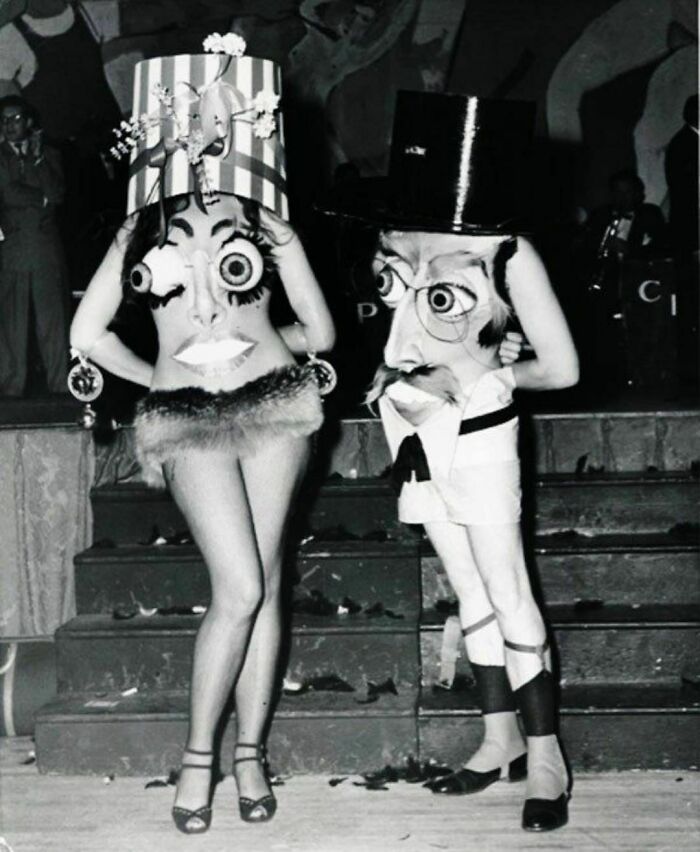 Two People Are Wearing Painted-On Eyes At A 1955 Art Student League Ball In NYC