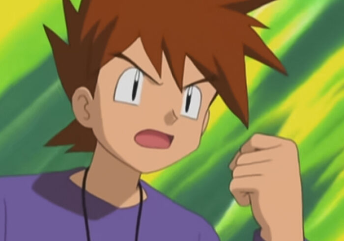 Gary Oak is talking and has clenched his left hand into a fist