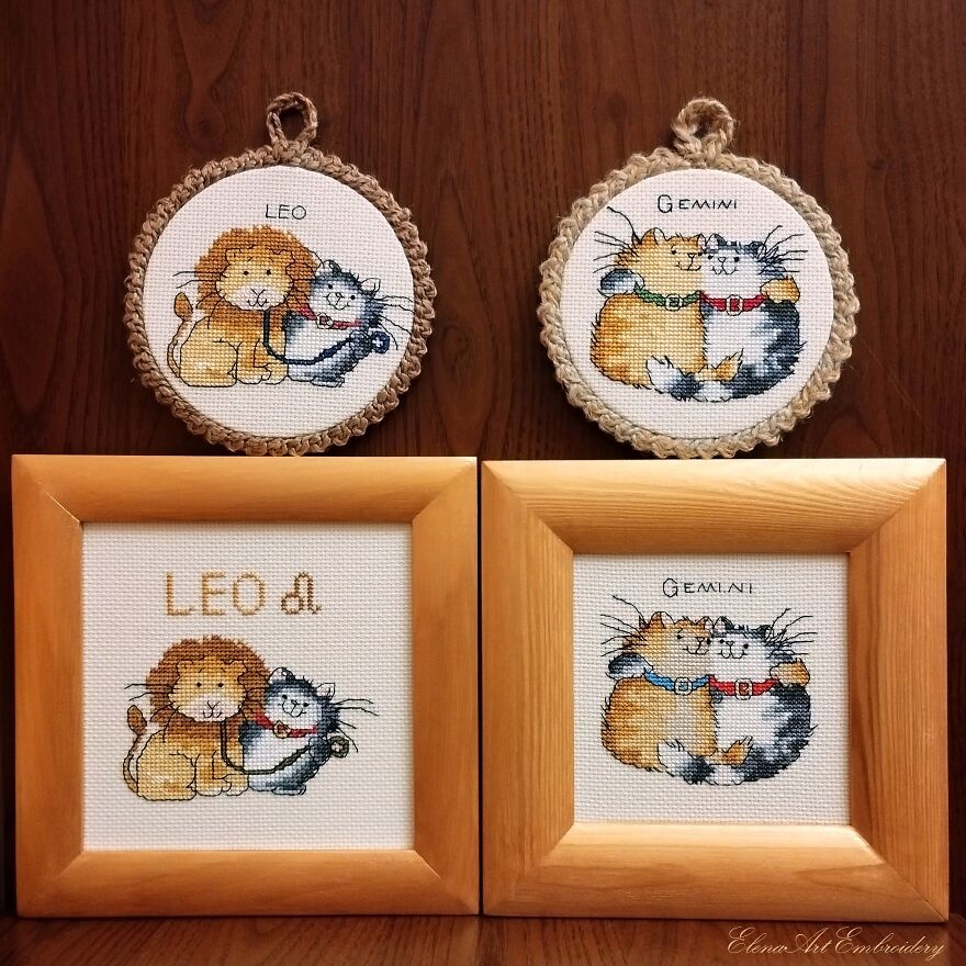 Hand Embroidered Gifts For Cat Lovers. Zodiac Signs With Funny Cats.