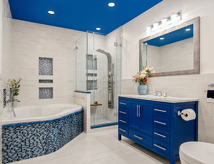 Photo of blue interior bathroom.