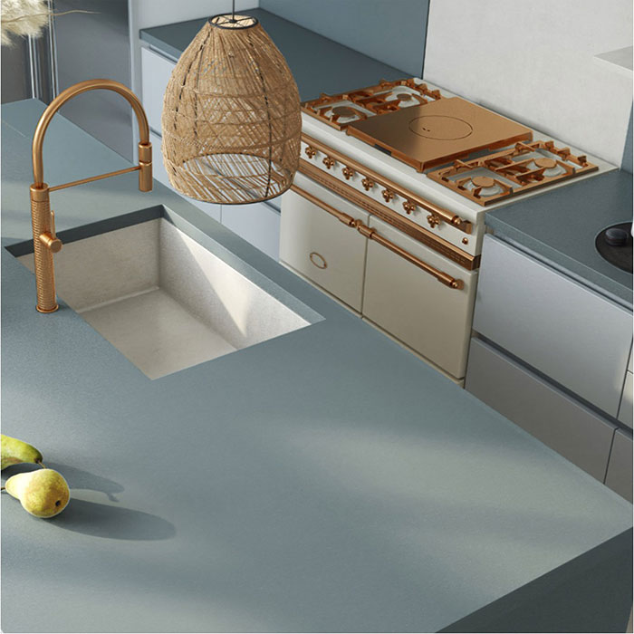 Photo of blue interior kitchen.