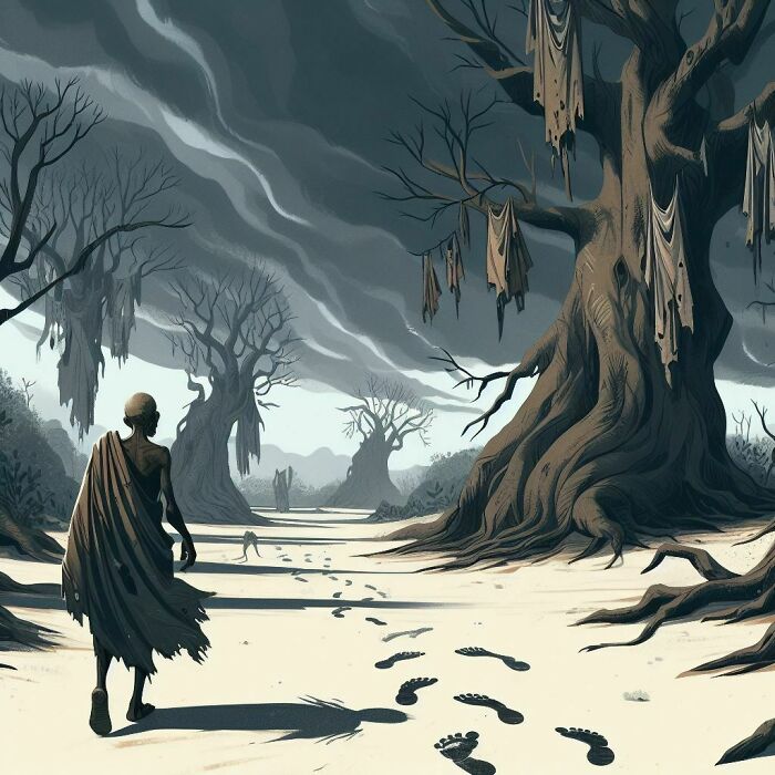 Old Man Walking In A Post Apocalyptic Landscape