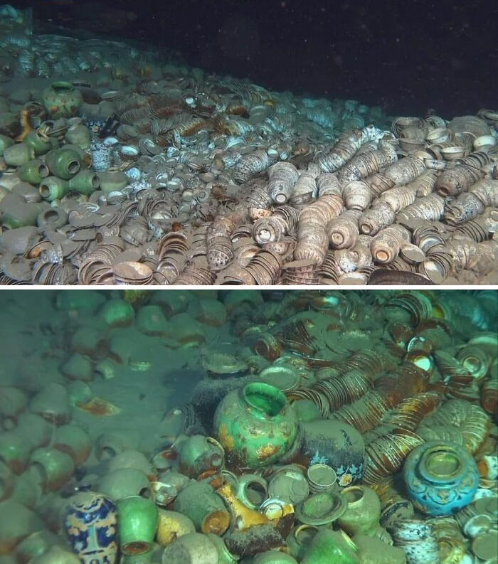 Más de 100.000 piezas de cerámica de dos naufragios chinos a 1.500 metros de profundidad en el Mar de China Meridional. Descubiertos en mayo de 2023. Los barcos datan de la dinastía Ming, 1506-1522 d.C.
