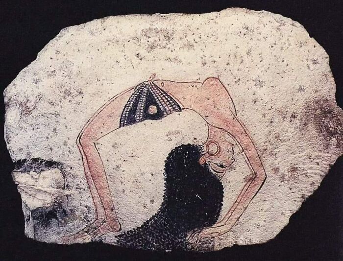 An Ostracon With Topless Dancer With Elaborate Hairstyle And Hoop Earrings In Gymnastic Backbend (Limestone), From Deir El-Medina; New Kingdom, 19th Dynasty, 1200 Bc. Egyptian Museum, Turin