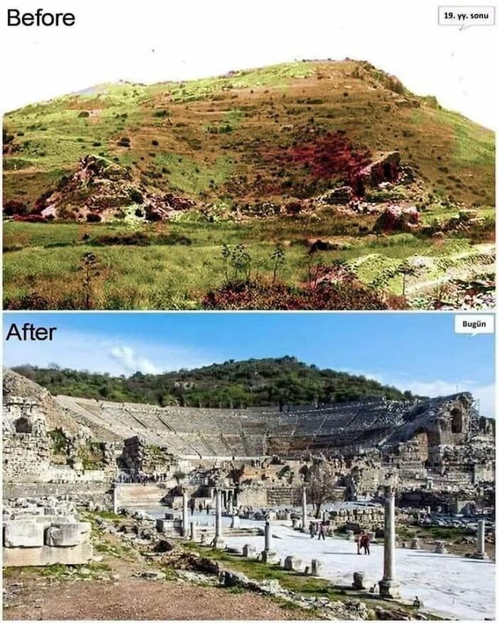 2,300-Year-Old Grand Theatre Of Ephesus, In Turkey, Before And After Excavation