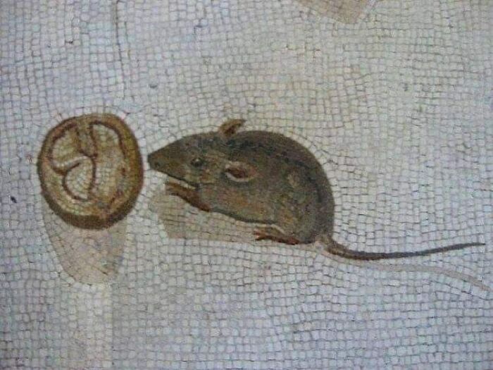 Ratón comiendo una nuez. Mosaico romano (200 a.C.). Museos Vaticanos, Ciudad del Vaticano, Roma