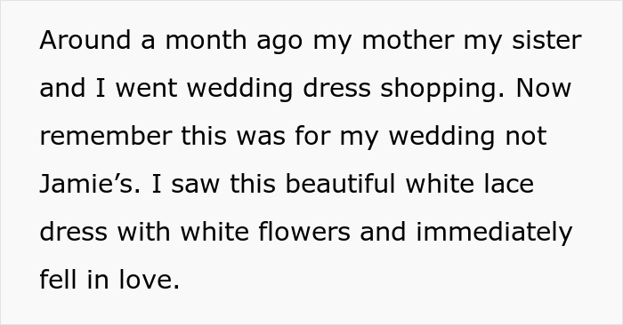 Woman saves her wedding dress from jealous sister trying to cut it, leading to being banned from the wedding. Woman saves her wedding dress from jealous sister trying to cut it, leading to being banned from the wedding.